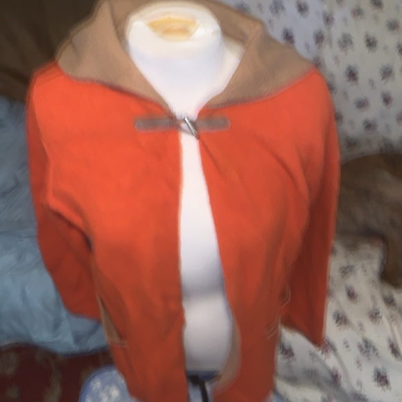 A. Ida for Anthropologie Italian Wool Blend Orange Tan Hooded Cardigan Sweater - Picture 2 of 7